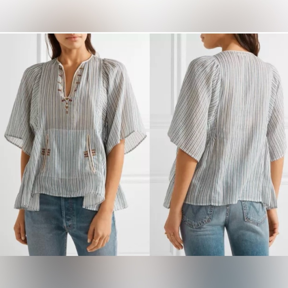 ISABEL MARANT Etoile Joy Blouse Striped Top Embroidered Shirt Blue White Pocket